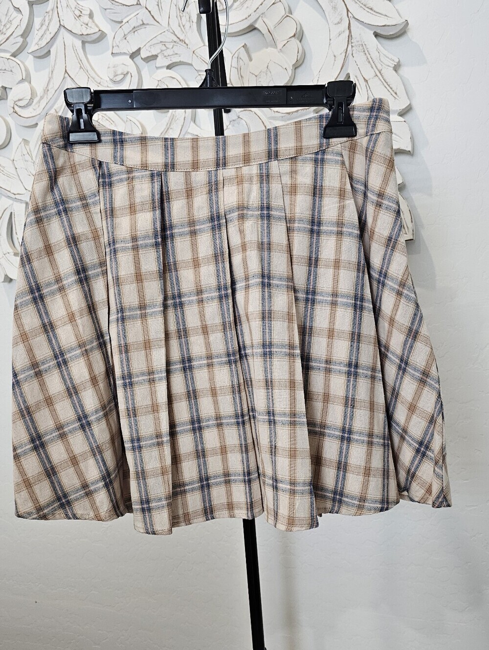 Sadie & Sage Plaid Circle Skirt in Beige w/Blue & Brown Checks Women's Sz Medium